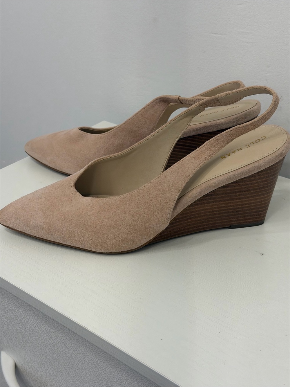 Cole Haan Blush Pink Suede Slingback Wedge Heels